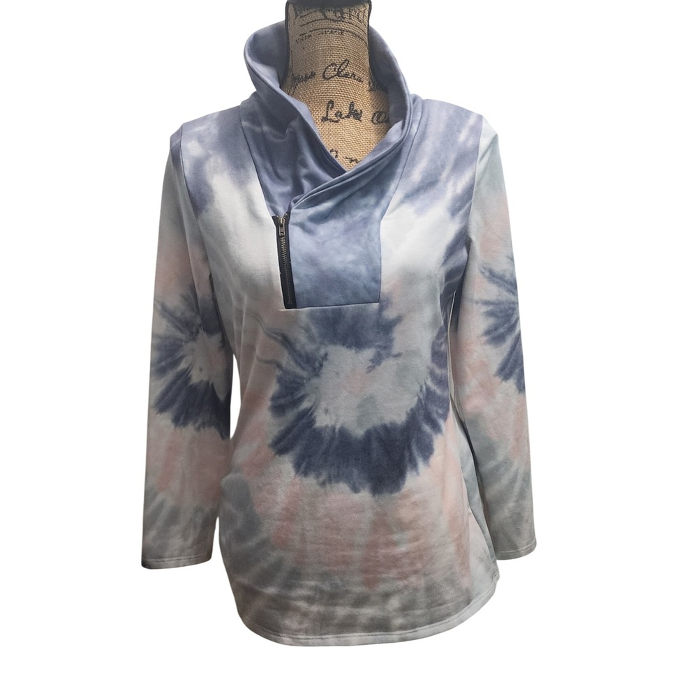 Womens Tie Dye Pullover Sweatshirt Funnel Neck‎ Zipper Casual Top Size S